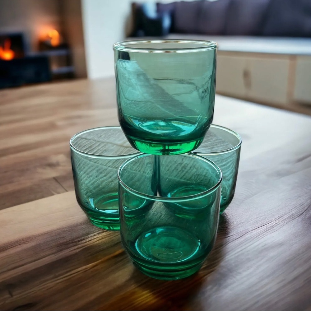 Vintage Anchor Hocking Newport Teal  Rocks/Whiskey Glasses Set Of 4 Gorgeous